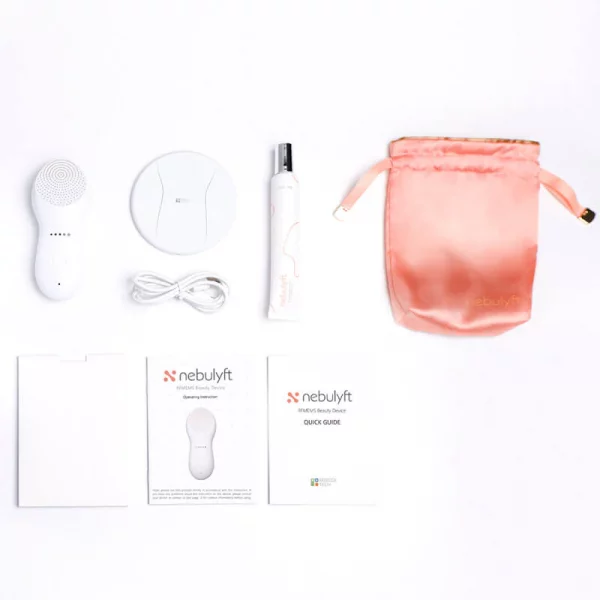 Nebulyft R1 multipolar anti-aging device box contents with Nebulyft device, charging pad, charging cable, storage pouch, and instructions manual