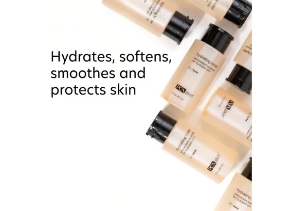 pca skin hydrating toner hero banner with flat lay and "hydrates, softens, smoothes and protects skin"