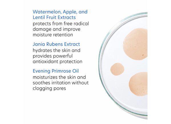 pca skin hydrating toner key ingredients graphic featuring watermelon, apple, and lentil fruit extracts, Jania rubens extract, and evening primrose oil