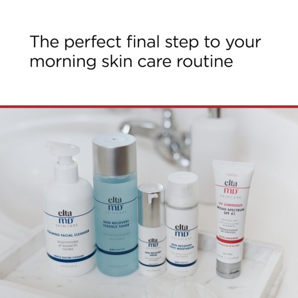 “The perfect final step to your morning skin care routine” text over EltaMD Products on a sink image with EltaMD Foaming Facial Cleanser, EltaMD Skin Recovery Toner, EltaMD Skin Recovery Serum, EltaMD Skin Recovery Light Moisturizer, and EltaMD UV Luminous SPF 41 Tinted sunscreen from left to right
