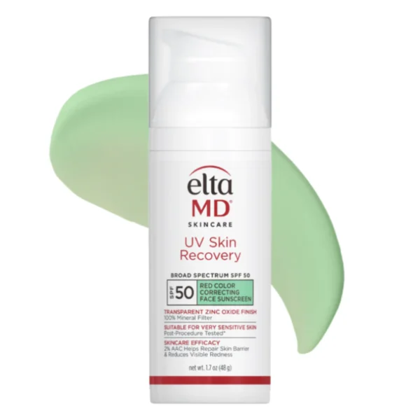 EltaMD UV Skin Recovery Broad_Spectrum SPF 50 Red Color Correcting Green Tint Image with green smear behind the product bottle